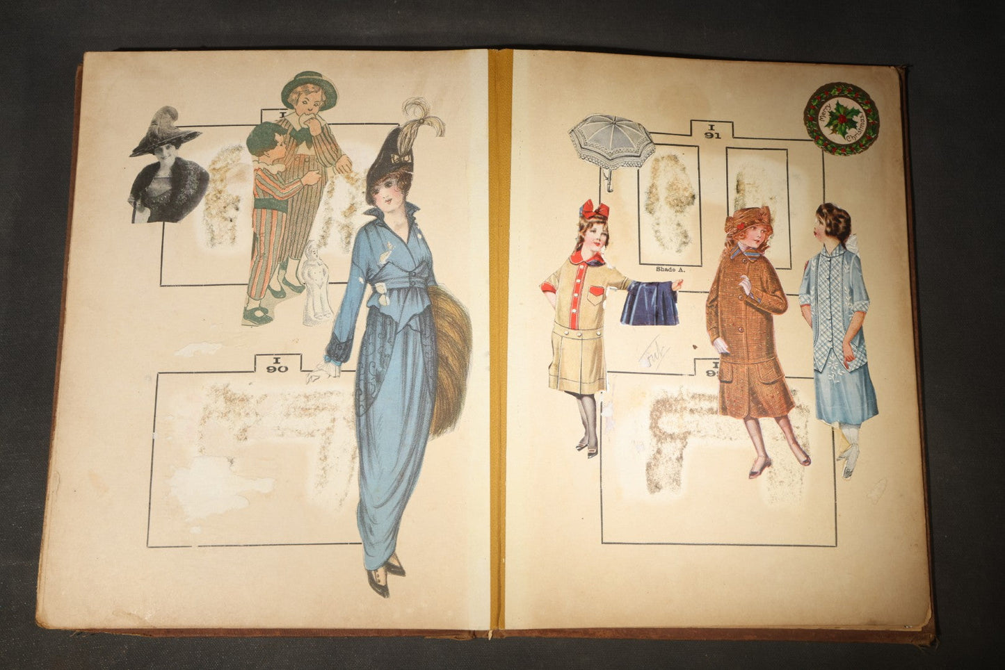 Antique Victorian Scrapbook Assembled in a Repurposed 1886-87 G.W. Simmons & Co. Fall & Winter Samples Catalog, Boston, Massachusetts, with Trade Cards including Reynolds Brothers Fine Shoes, Scoville's Sarsaparilla, and Loewenstine & Co.