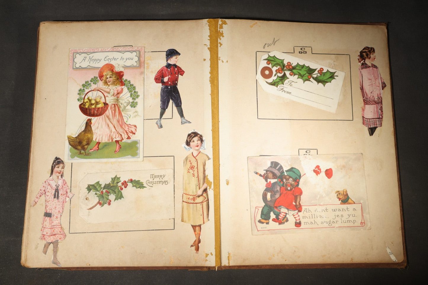 Antique Victorian Scrapbook Assembled in a Repurposed 1886-87 G.W. Simmons & Co. Fall & Winter Samples Catalog, Boston, Massachusetts, with Trade Cards including Reynolds Brothers Fine Shoes, Scoville's Sarsaparilla, and Loewenstine & Co.