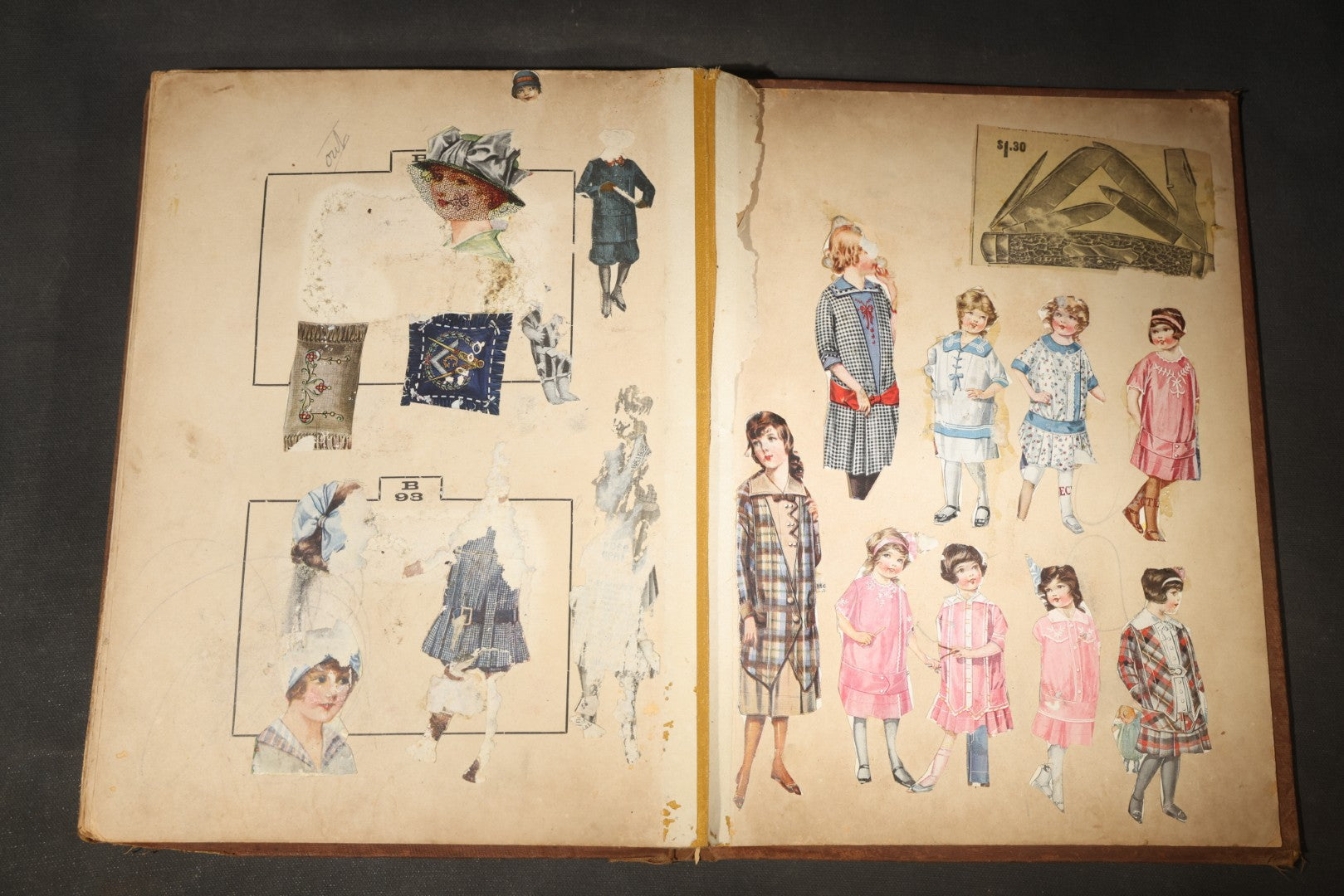 Antique Victorian Scrapbook Assembled in a Repurposed 1886-87 G.W. Simmons & Co. Fall & Winter Samples Catalog, Boston, Massachusetts, with Trade Cards including Reynolds Brothers Fine Shoes, Scoville's Sarsaparilla, and Loewenstine & Co.