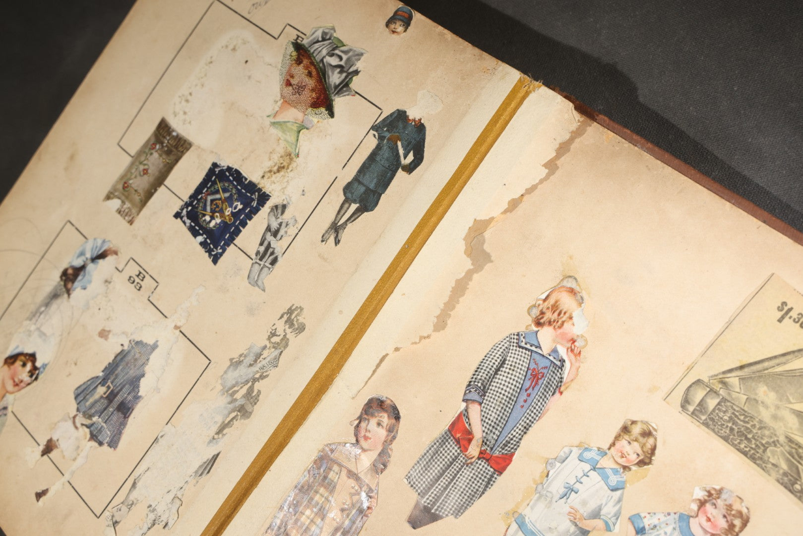 Antique Victorian Scrapbook Assembled in a Repurposed 1886-87 G.W. Simmons & Co. Fall & Winter Samples Catalog, Boston, Massachusetts, with Trade Cards including Reynolds Brothers Fine Shoes, Scoville's Sarsaparilla, and Loewenstine & Co.
