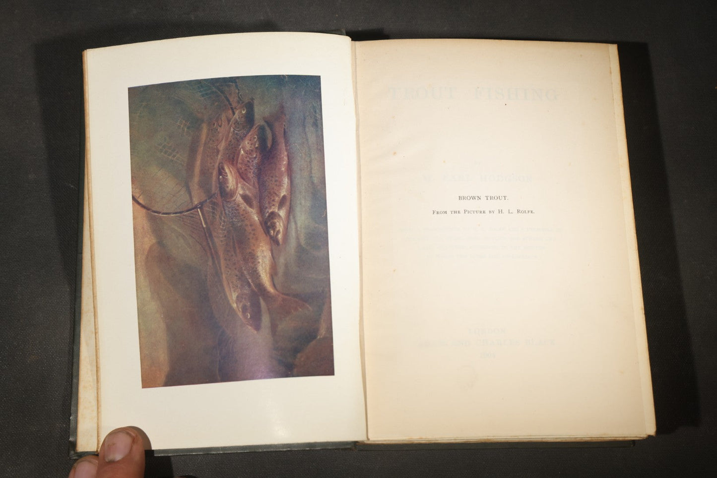 "Trout Fishing" Antique Fly Fishing Book by W. Earl Hodgson with Color Fly Plates and H. L. Rolfe Frontispiece, Published by Adam and Charles Black, London, 1904