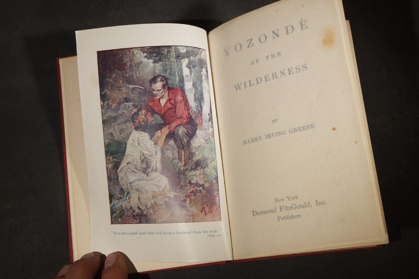 "Yozonde of the Wilderness" Antique Fiction Book by Harry Irving Greene with Color Frontispiece, Published by Desmond FitzGerald Inc., New York, 1916
