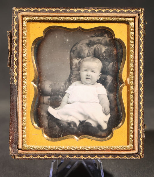 Antique 1/6th Plate Daguerreotype Photograph of a Seated Baby in White Gown in Half Leatherette Case with Embossed Floral Design