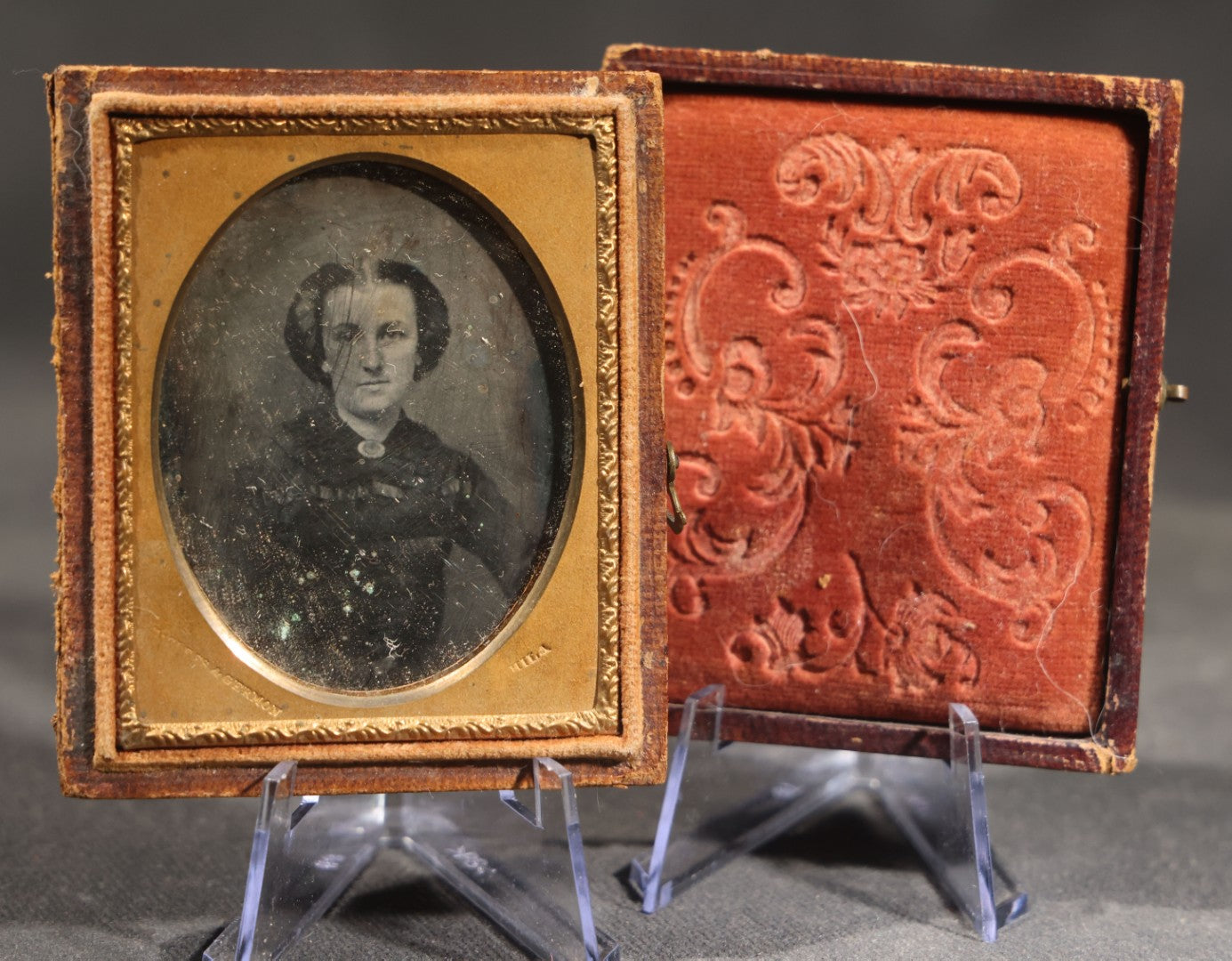 Antique 1/9th Plate Daguerreotype Photograph of a Woman in a Dark Dress, Photographed by McClees & Germon, Philadelphia, Pennsylvania, Full Split Leatherette Case