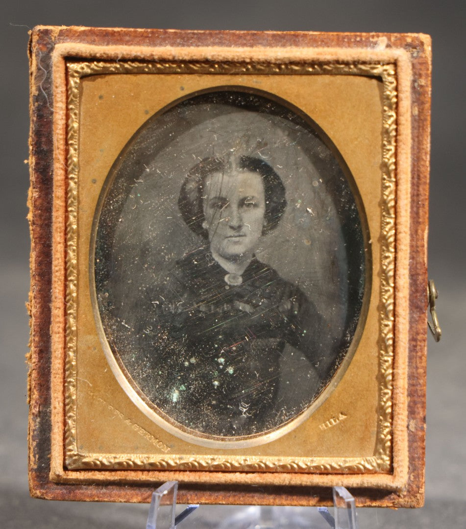 Antique 1/9th Plate Daguerreotype Photograph of a Woman in a Dark Dress, Photographed by McClees & Germon, Philadelphia, Pennsylvania, Full Split Leatherette Case