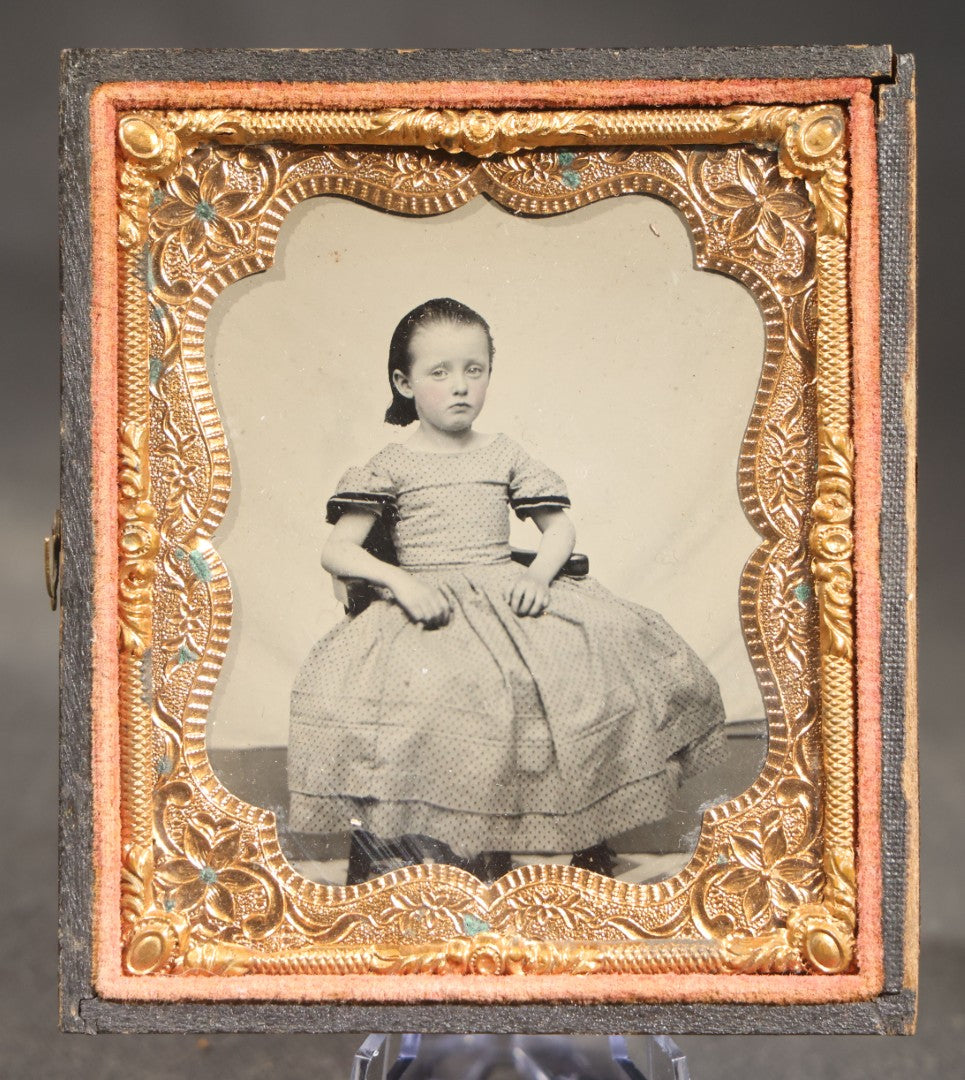 Antique 1/6th Plate Tintype Photograph of a Seated Young Girl in Half Leatherette Case