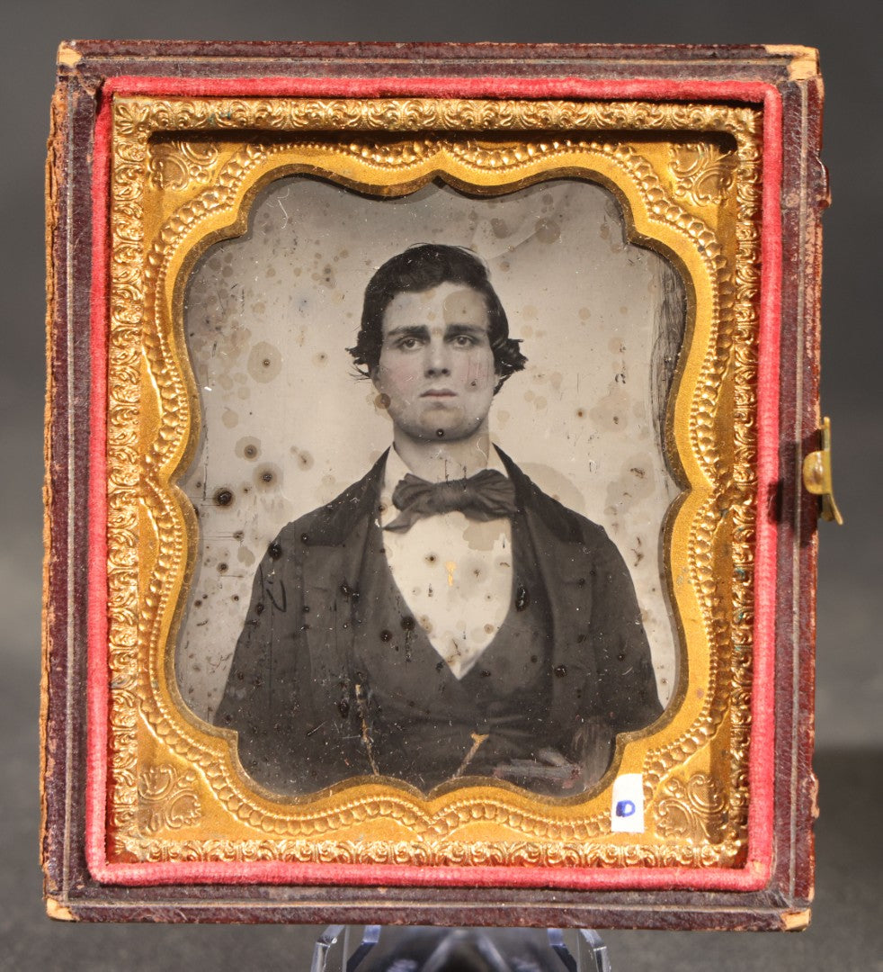 Antique 1/6th Plate Tintype Photograph of a Young Man Identified as Mr. R.T. Bartholomew of Deposit, Broome County, New York, Inscribed "Presented to His Mother, 1856," in Half Leatherette Case