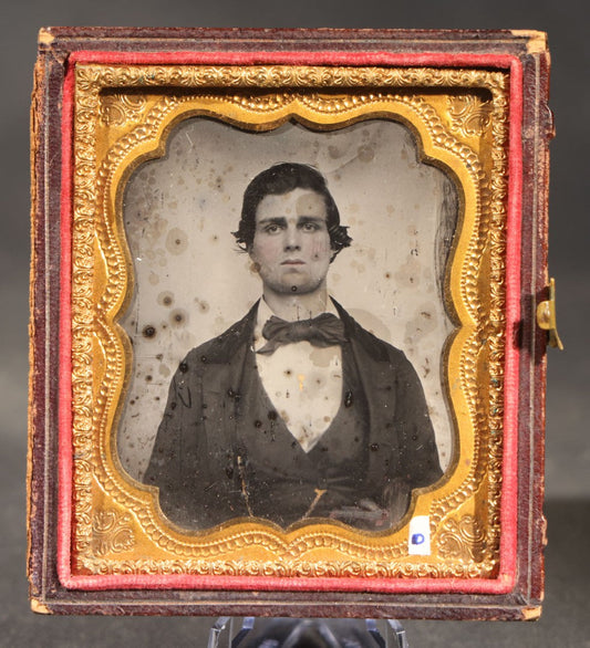 Antique 1/6th Plate Tintype Photograph of a Young Man Identified as Mr. R.T. Bartholomew of Deposit, Broome County, New York, Inscribed "Presented to His Mother, 1856," in Half Leatherette Case