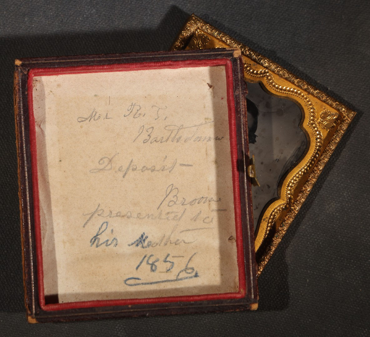 Antique 1/6th Plate Tintype Photograph of a Young Man Identified as Mr. R.T. Bartholomew of Deposit, Broome County, New York, Inscribed "Presented to His Mother, 1856," in Half Leatherette Case
