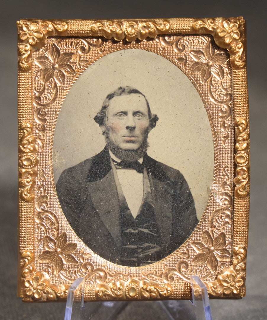 Antique 1/9th Plate Tintype Photograph of a Man with Sideburns in Suit and Bow Tie, Brass Mat and Preserver, Uncased