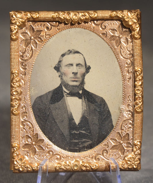 Antique 1/9th Plate Tintype Photograph of a Man with Sideburns in Suit and Bow Tie, Brass Mat and Preserver, Uncased