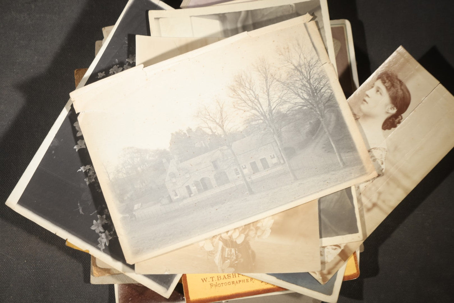 Grouping of 30+ Antique Board-Mounted, Cabinet Card, and Unmounted Photographs including Victorian and Edwardian Portraits, Landscapes, and Group Scenes