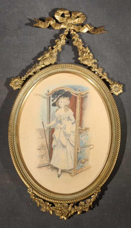 Vintage French-Style Oval Brass Frame with Ribbon and Garland Crest, Colored Print of a Woman Exiting a Sedan Chair