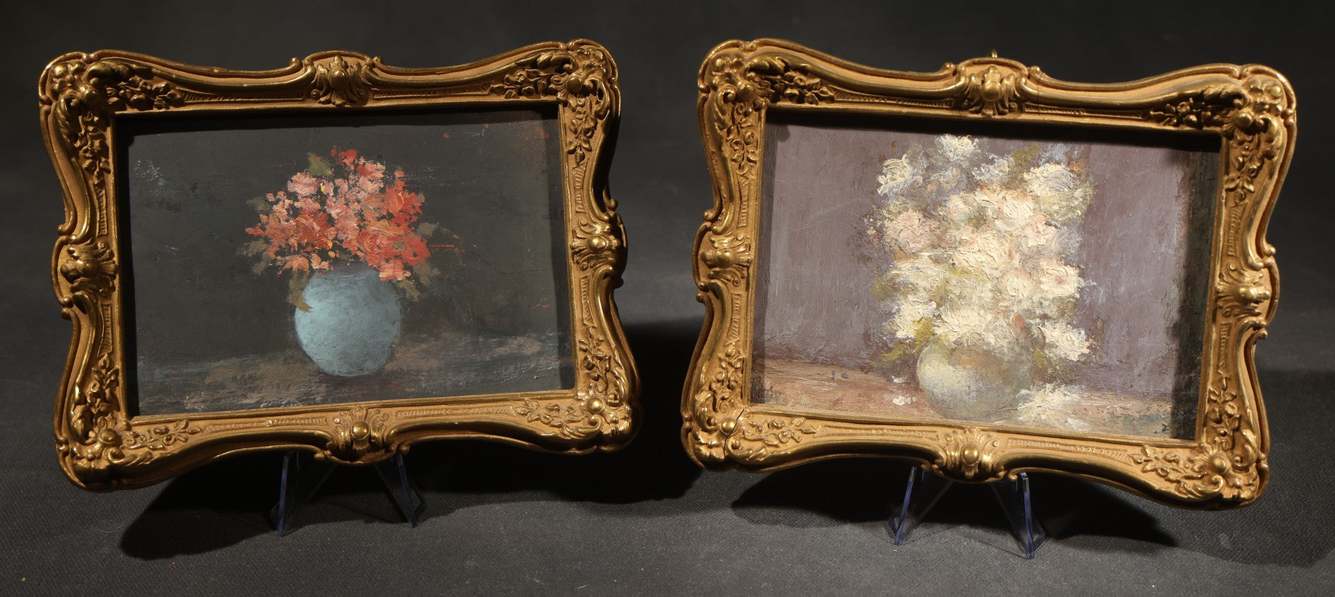 Pair of Vintage Framed Floral Still Life Paintings, Flowers in Vases
