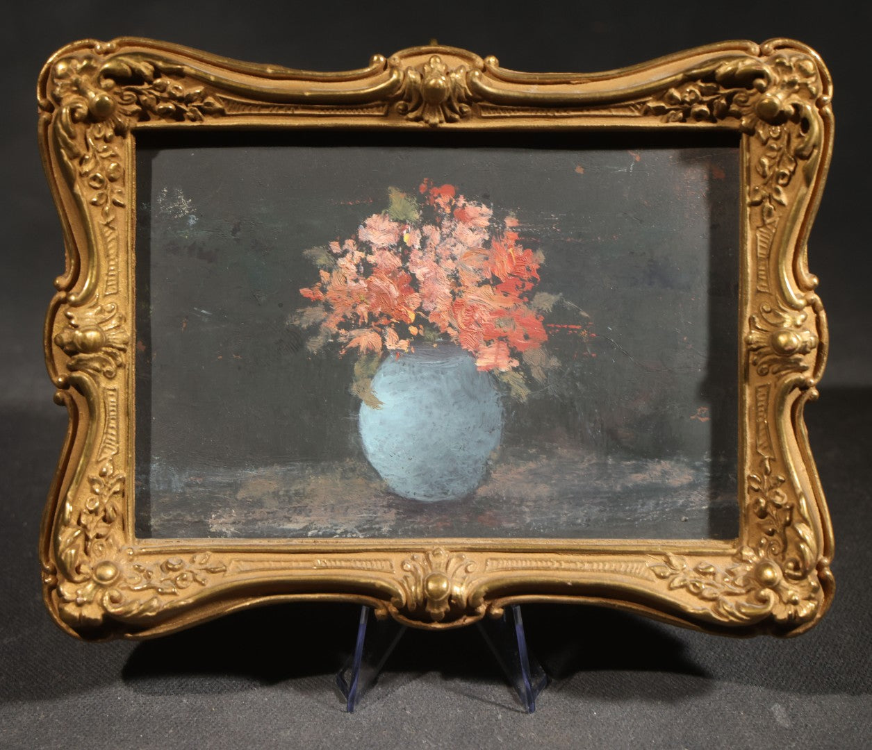 Pair of Vintage Framed Floral Still Life Paintings, Flowers in Vases