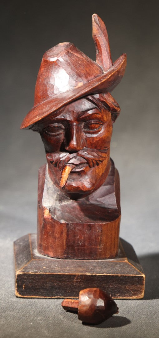 Vintage Folk Art Hand-Carved Wood Bust of a Man in Alpine Hat with Feather, Carved Monogram on Reverse, Broken Pipe