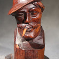 Lot 192 - Vintage Folk Art Hand-Carved Wood Bust of a Man in Alpine Hat with Feather, Carved Monogram on Reverse, Broken Pipe, 6-3/8" H
