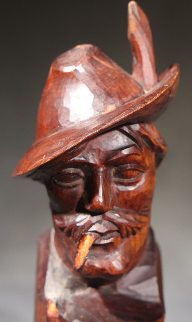 Vintage Folk Art Hand-Carved Wood Bust of a Man in Alpine Hat with Feather, Carved Monogram on Reverse, Broken Pipe