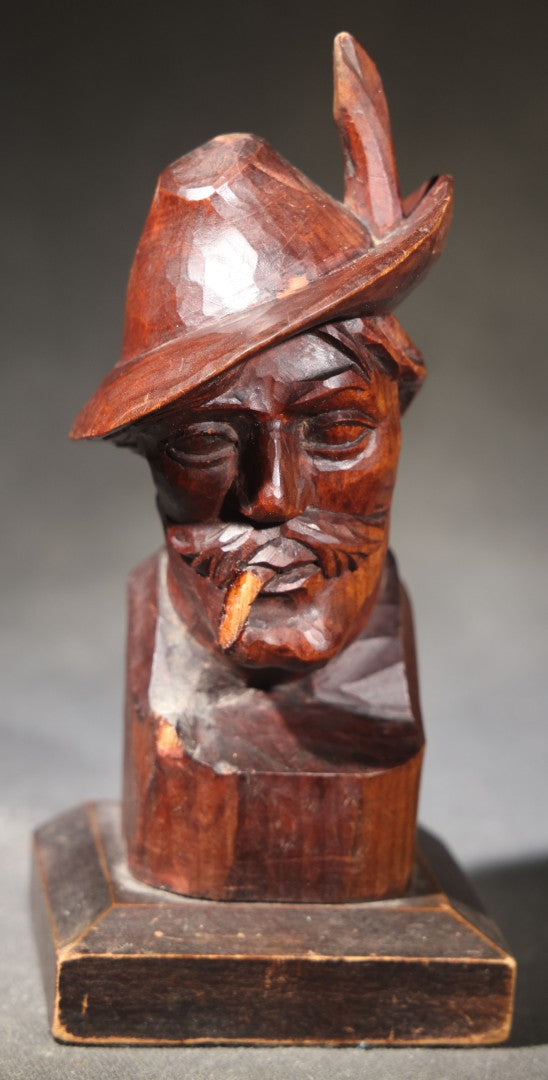 Vintage Folk Art Hand-Carved Wood Bust of a Man in Alpine Hat with Feather, Carved Monogram on Reverse, Broken Pipe