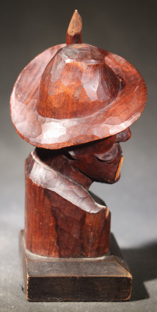 Vintage Folk Art Hand-Carved Wood Bust of a Man in Alpine Hat with Feather, Carved Monogram on Reverse, Broken Pipe