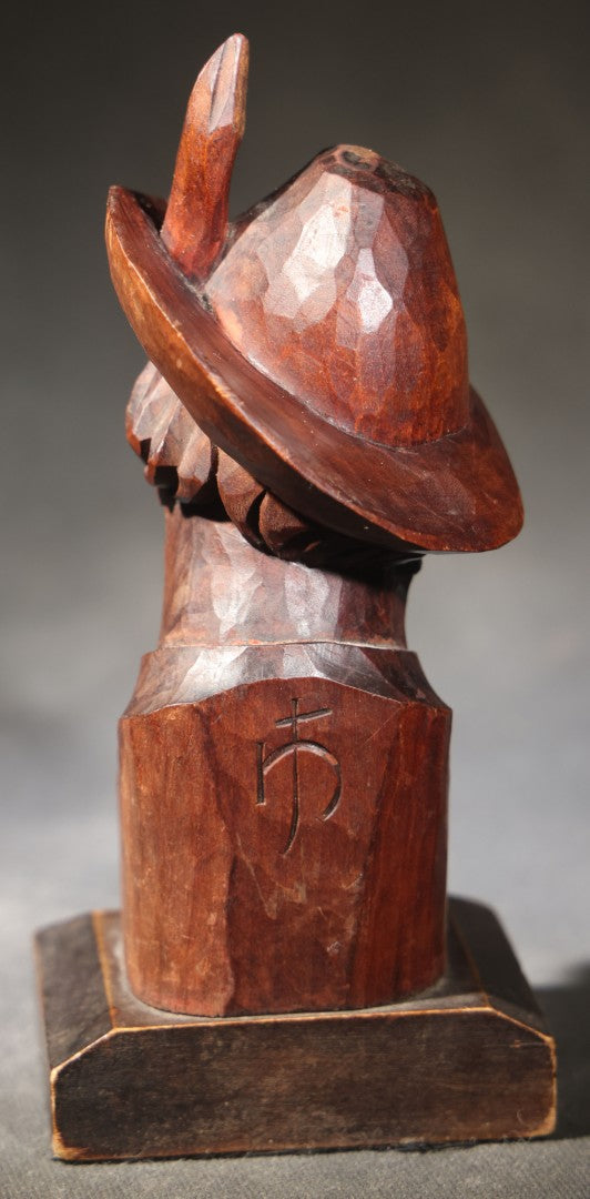 Vintage Folk Art Hand-Carved Wood Bust of a Man in Alpine Hat with Feather, Carved Monogram on Reverse, Broken Pipe