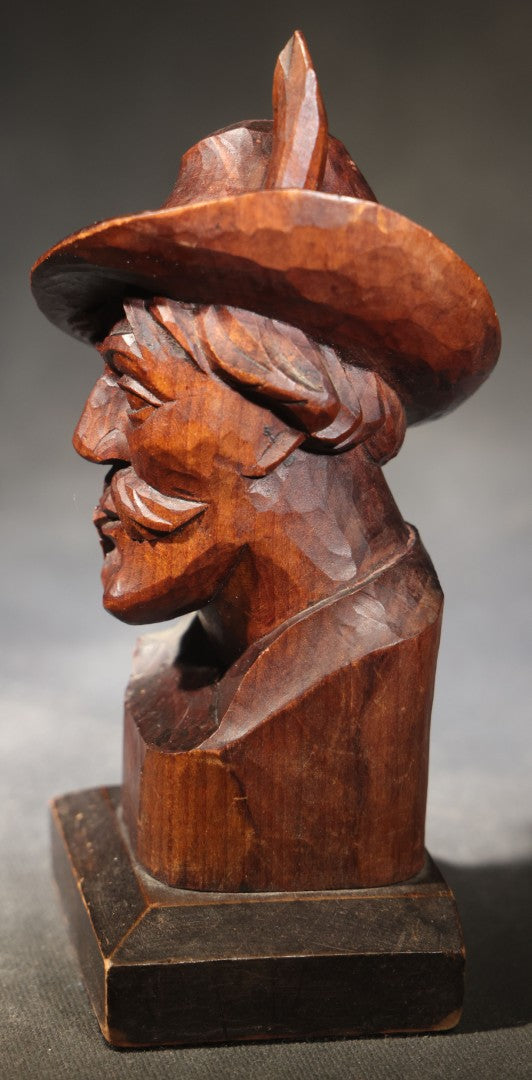 Vintage Folk Art Hand-Carved Wood Bust of a Man in Alpine Hat with Feather, Carved Monogram on Reverse, Broken Pipe