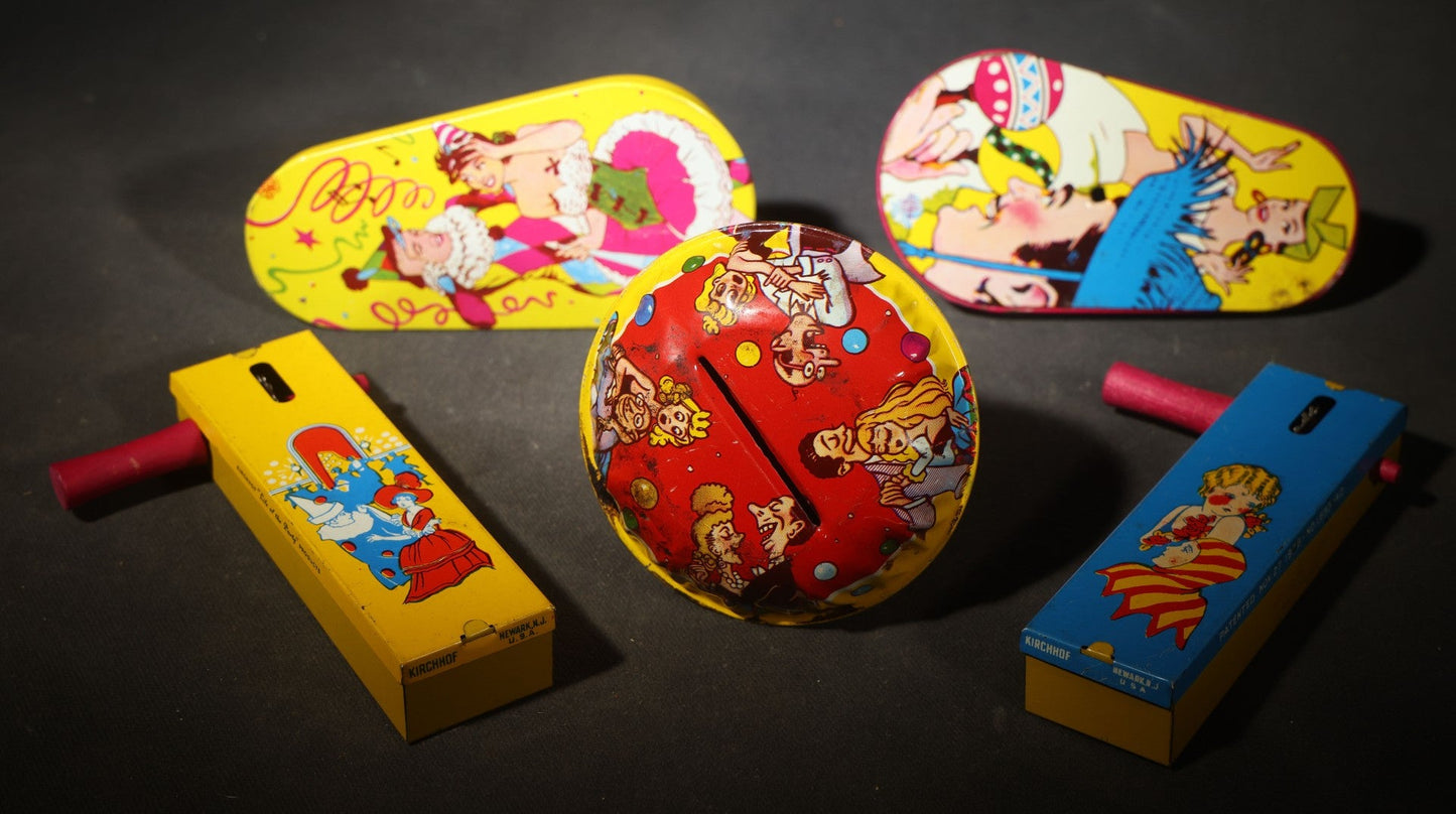 Grouping of Five Vintage Tin Lithograph Party Noisemakers including Four Ratchet Noisemakers and One Bell Rattle Shaker, Manufactured by Kirchhof, Newark, New Jersey