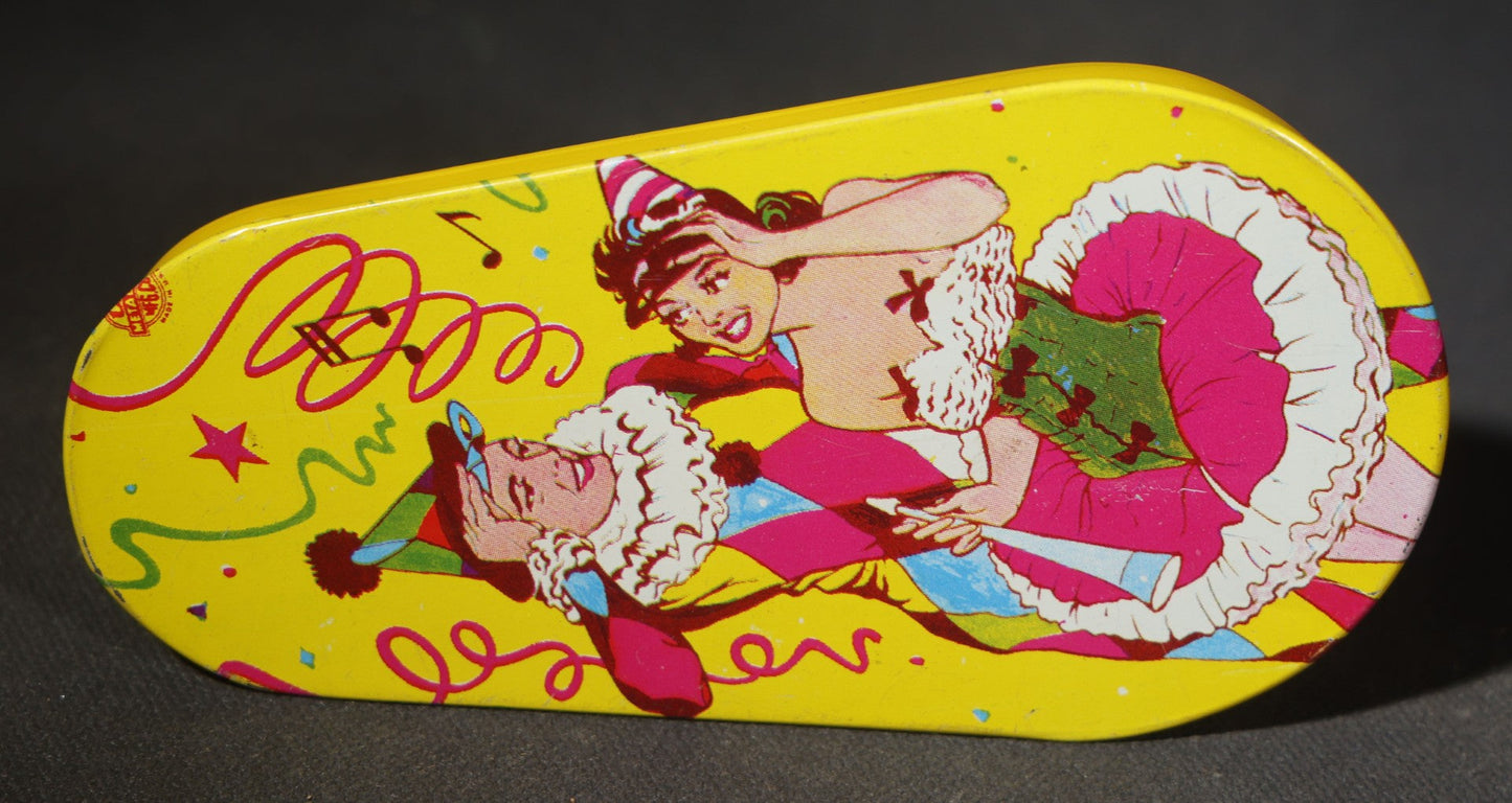 Grouping of Five Vintage Tin Lithograph Party Noisemakers including Four Ratchet Noisemakers and One Bell Rattle Shaker, Manufactured by Kirchhof, Newark, New Jersey