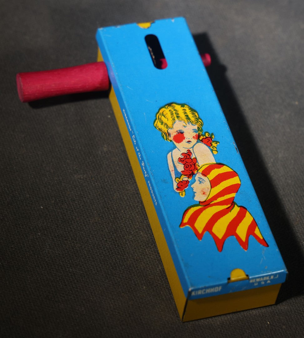 Grouping of Five Vintage Tin Lithograph Party Noisemakers including Four Ratchet Noisemakers and One Bell Rattle Shaker, Manufactured by Kirchhof, Newark, New Jersey