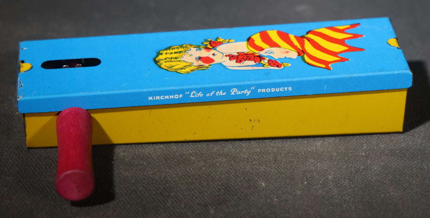 Grouping of Five Vintage Tin Lithograph Party Noisemakers including Four Ratchet Noisemakers and One Bell Rattle Shaker, Manufactured by Kirchhof, Newark, New Jersey