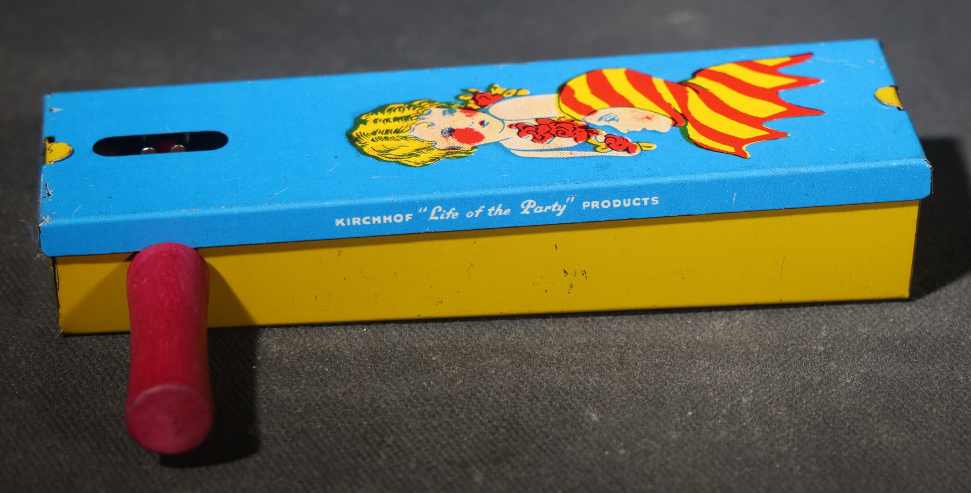Grouping of Five Vintage Tin Lithograph Party Noisemakers including Four Ratchet Noisemakers and One Bell Rattle Shaker, Manufactured by Kirchhof, Newark, New Jersey