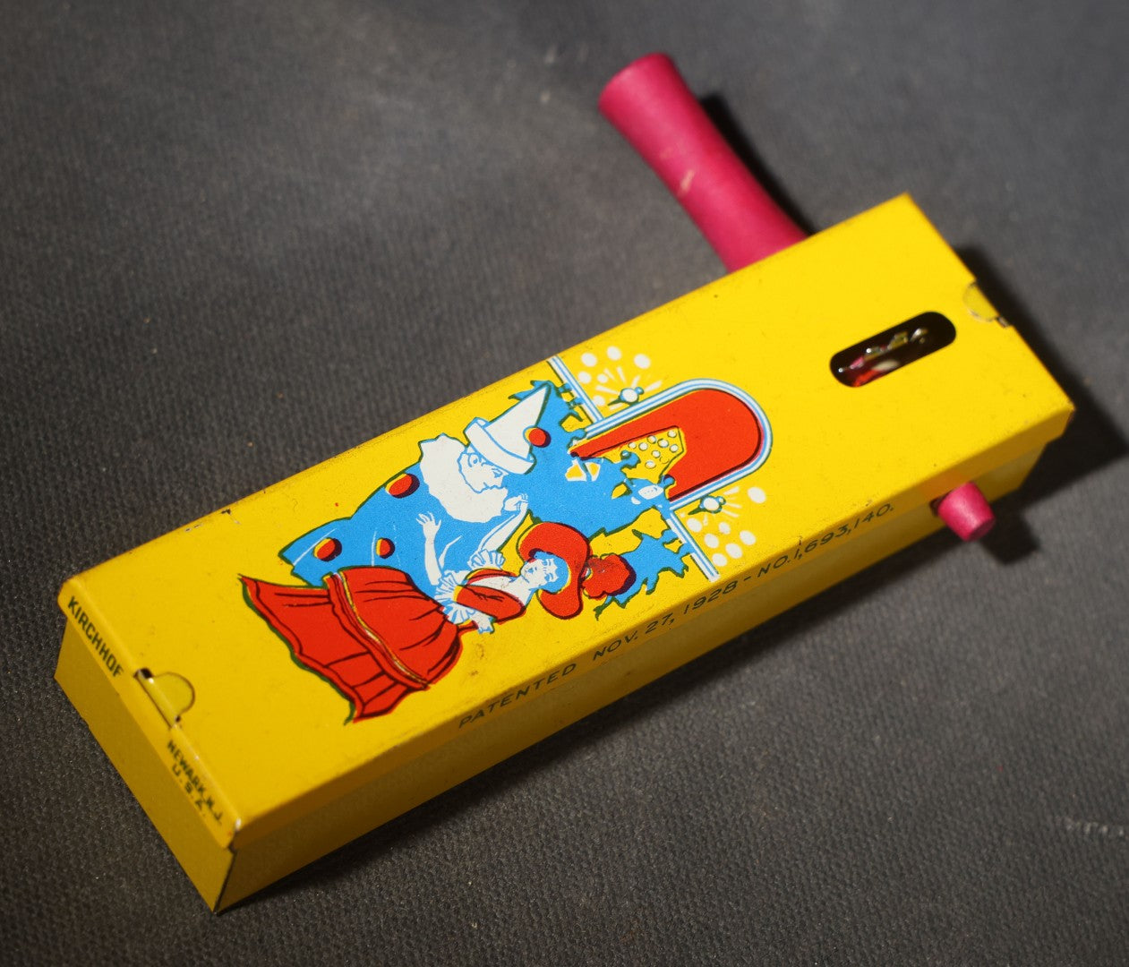 Grouping of Five Vintage Tin Lithograph Party Noisemakers including Four Ratchet Noisemakers and One Bell Rattle Shaker, Manufactured by Kirchhof, Newark, New Jersey