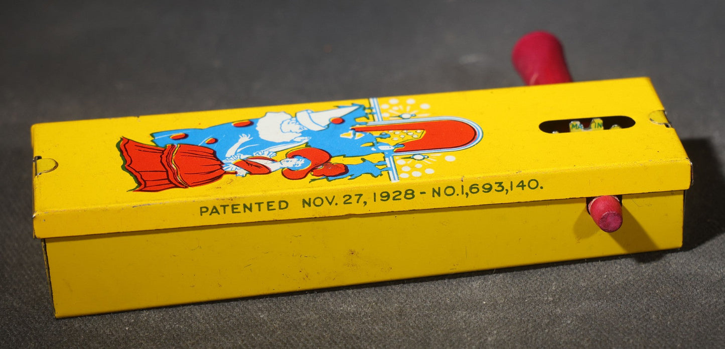 Grouping of Five Vintage Tin Lithograph Party Noisemakers including Four Ratchet Noisemakers and One Bell Rattle Shaker, Manufactured by Kirchhof, Newark, New Jersey