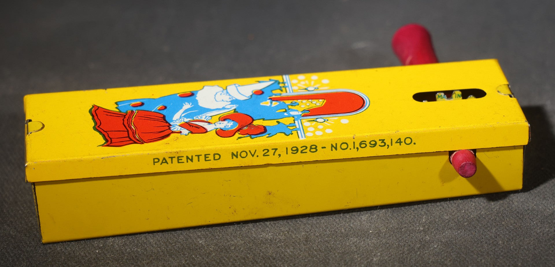 Grouping of Five Vintage Tin Lithograph Party Noisemakers including Four Ratchet Noisemakers and One Bell Rattle Shaker, Manufactured by Kirchhof, Newark, New Jersey