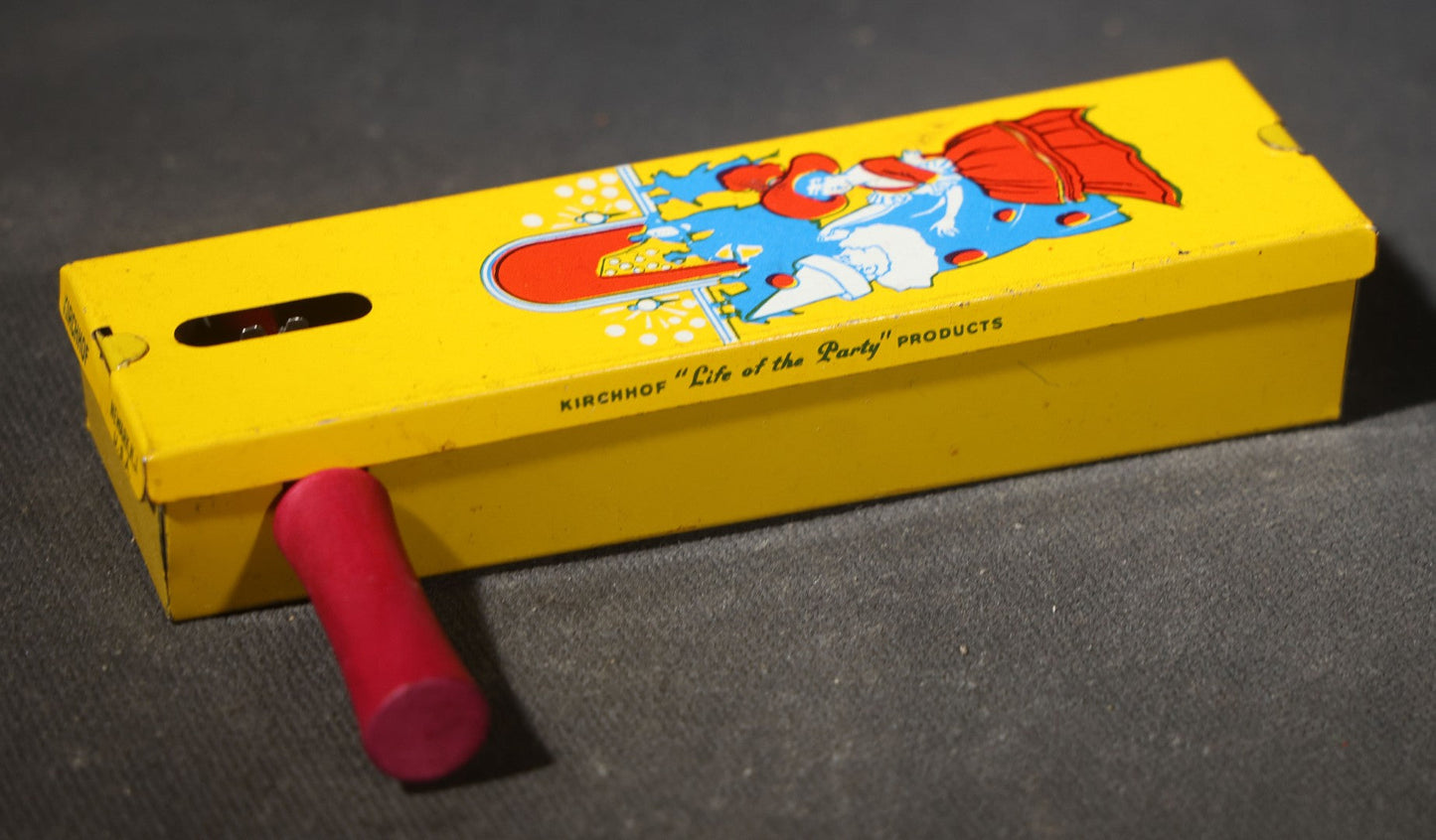 Grouping of Five Vintage Tin Lithograph Party Noisemakers including Four Ratchet Noisemakers and One Bell Rattle Shaker, Manufactured by Kirchhof, Newark, New Jersey