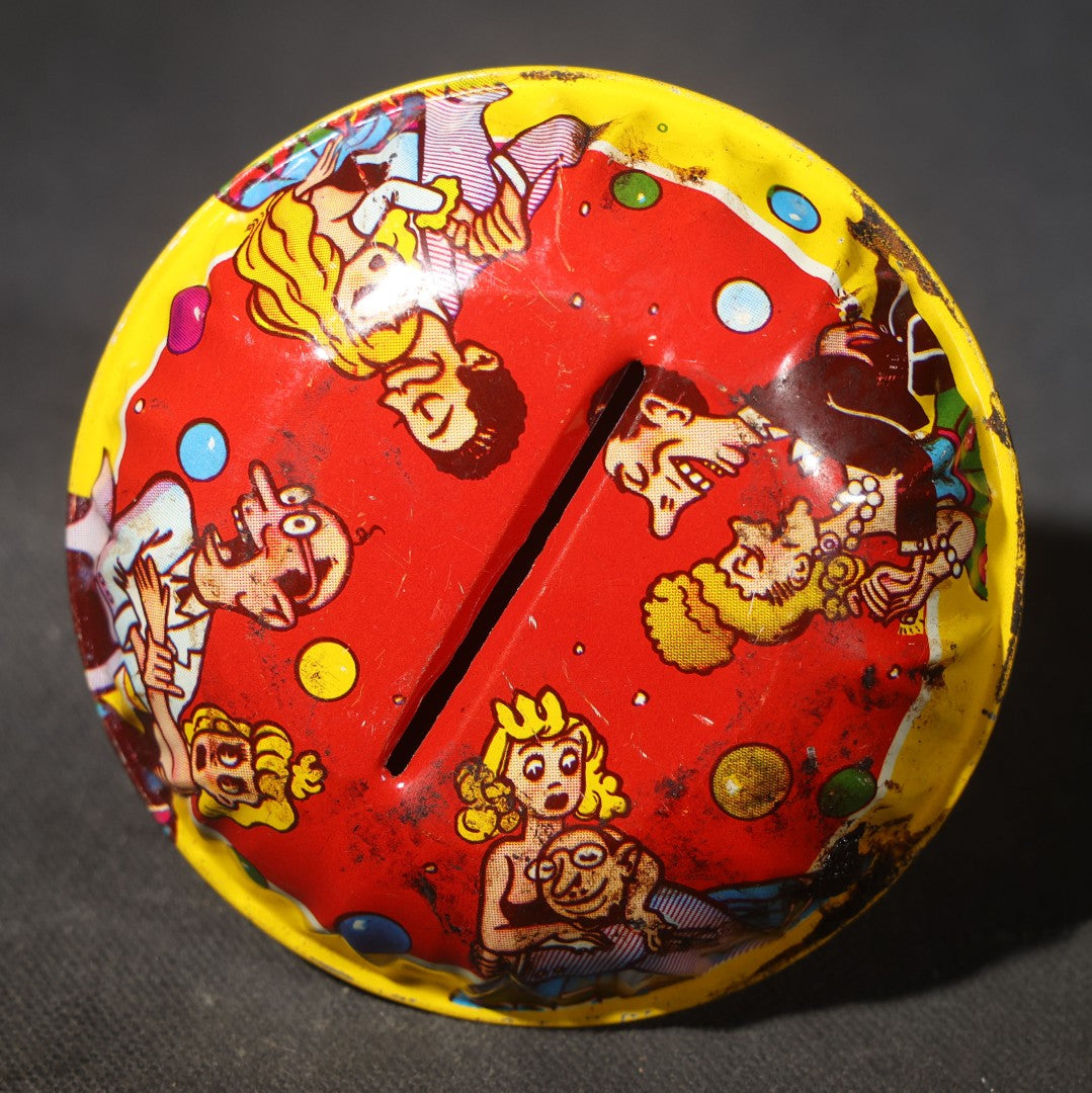 Grouping of Five Vintage Tin Lithograph Party Noisemakers including Four Ratchet Noisemakers and One Bell Rattle Shaker, Manufactured by Kirchhof, Newark, New Jersey