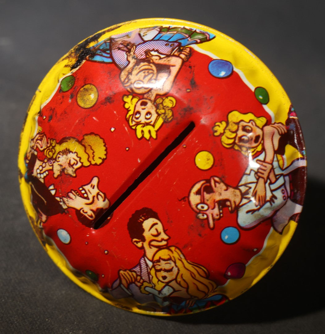 Grouping of Five Vintage Tin Lithograph Party Noisemakers including Four Ratchet Noisemakers and One Bell Rattle Shaker, Manufactured by Kirchhof, Newark, New Jersey