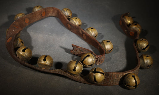Antique Leather Strap of Brass Sleigh Bells with 1870s Patent Dates