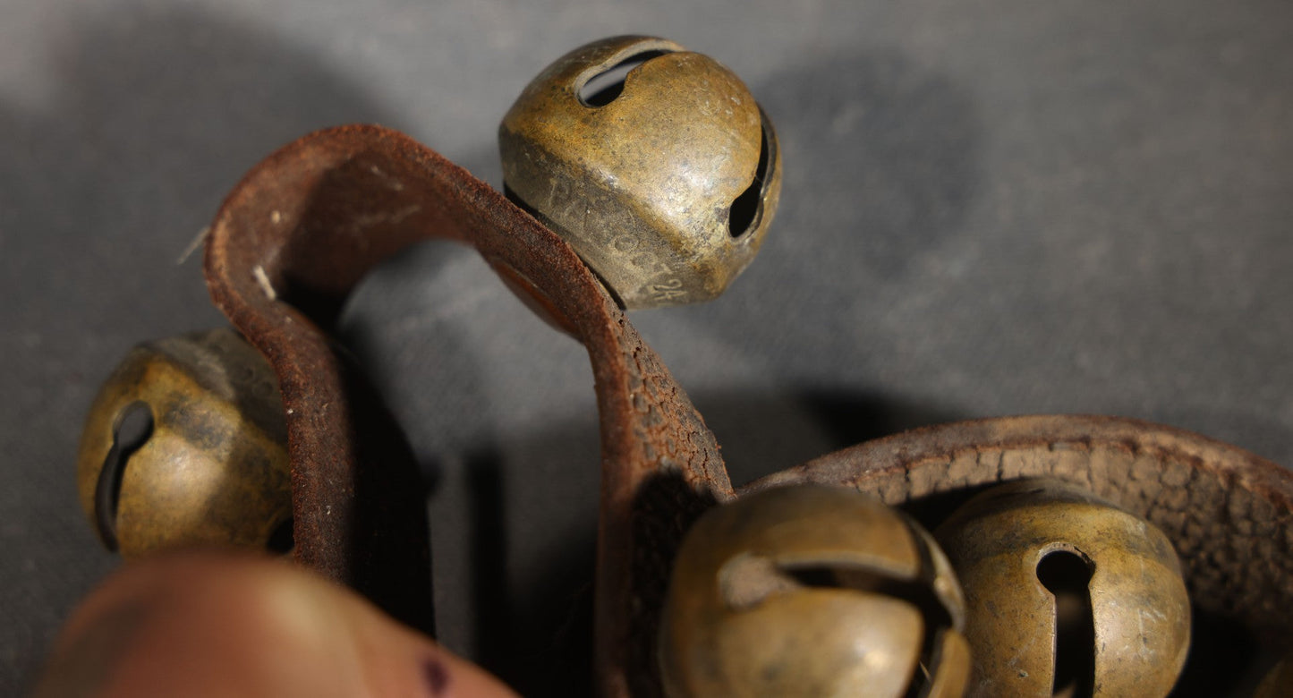 Antique Leather Strap of Brass Sleigh Bells with 1870s Patent Dates