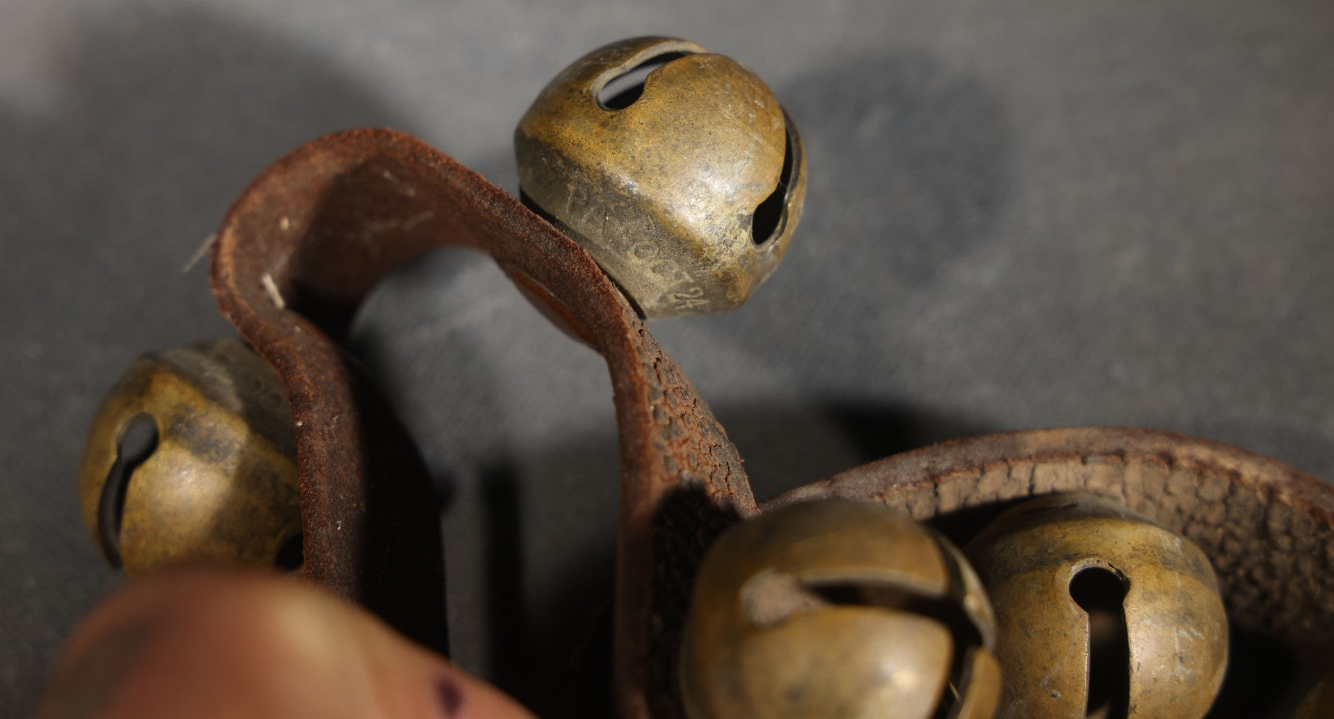 Antique Leather Strap of Brass Sleigh Bells with 1870s Patent Dates