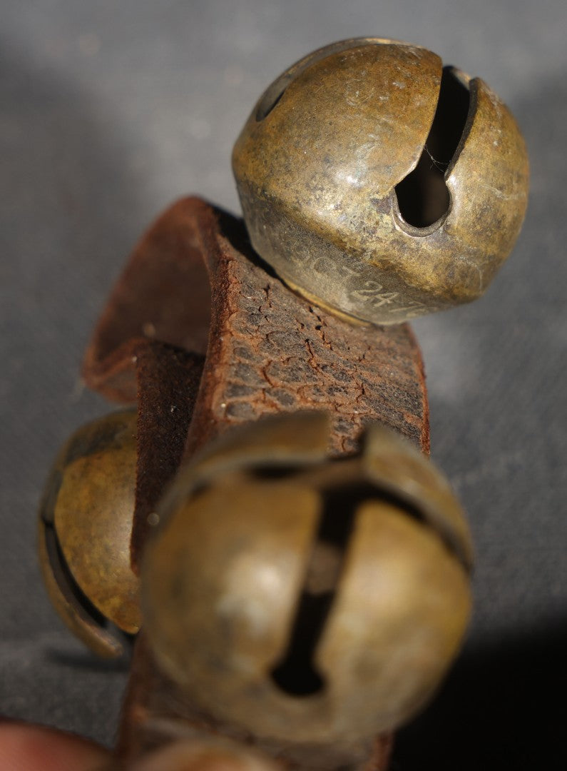 Antique Leather Strap of Brass Sleigh Bells with 1870s Patent Dates