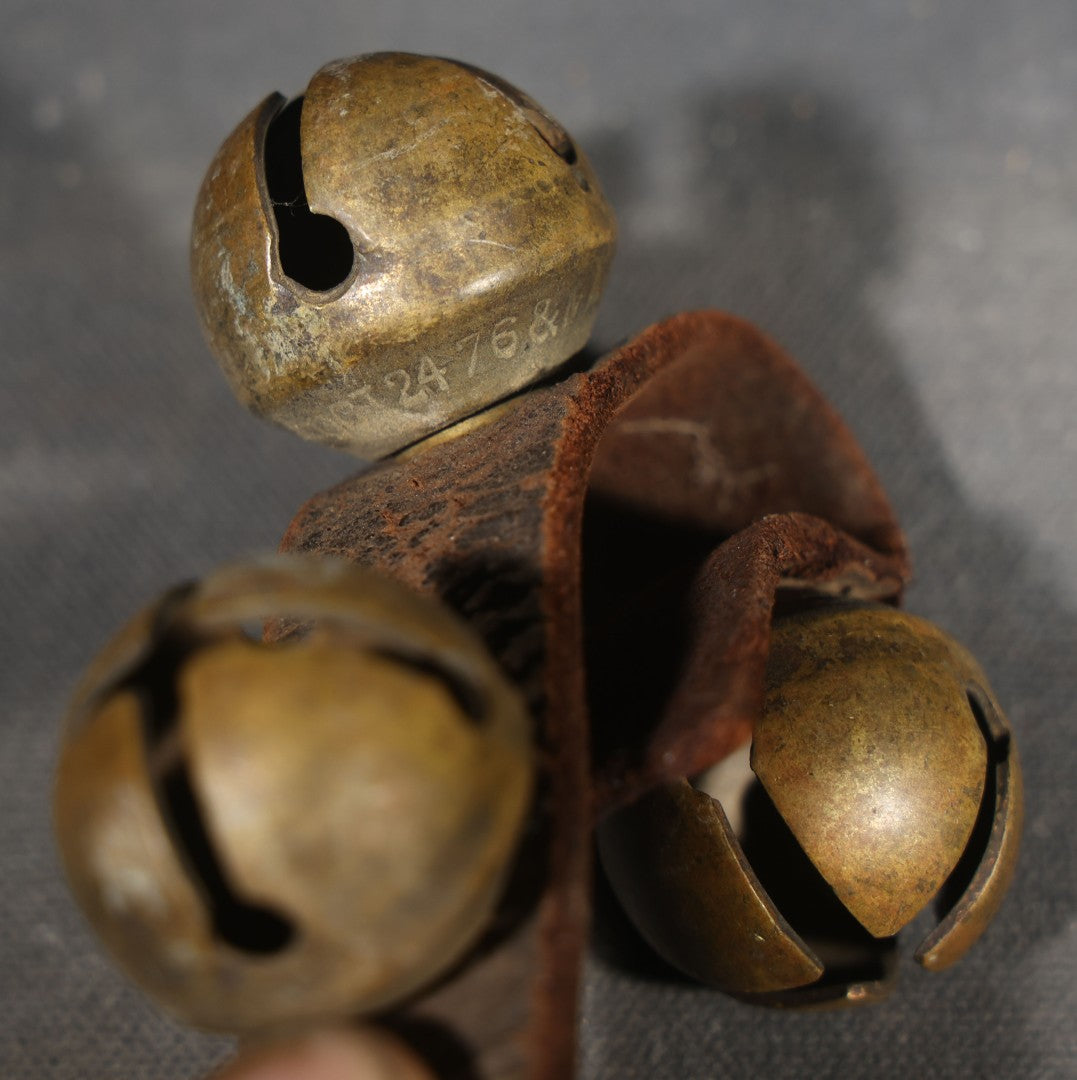 Antique Leather Strap of Brass Sleigh Bells with 1870s Patent Dates