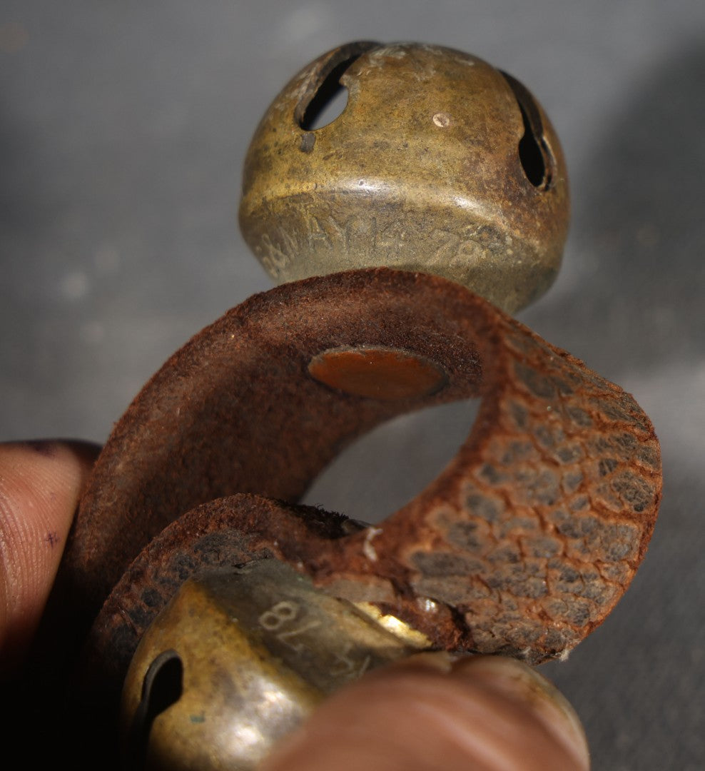 Antique Leather Strap of Brass Sleigh Bells with 1870s Patent Dates