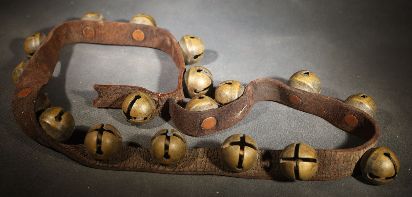Antique Leather Strap of Brass Sleigh Bells with 1870s Patent Dates