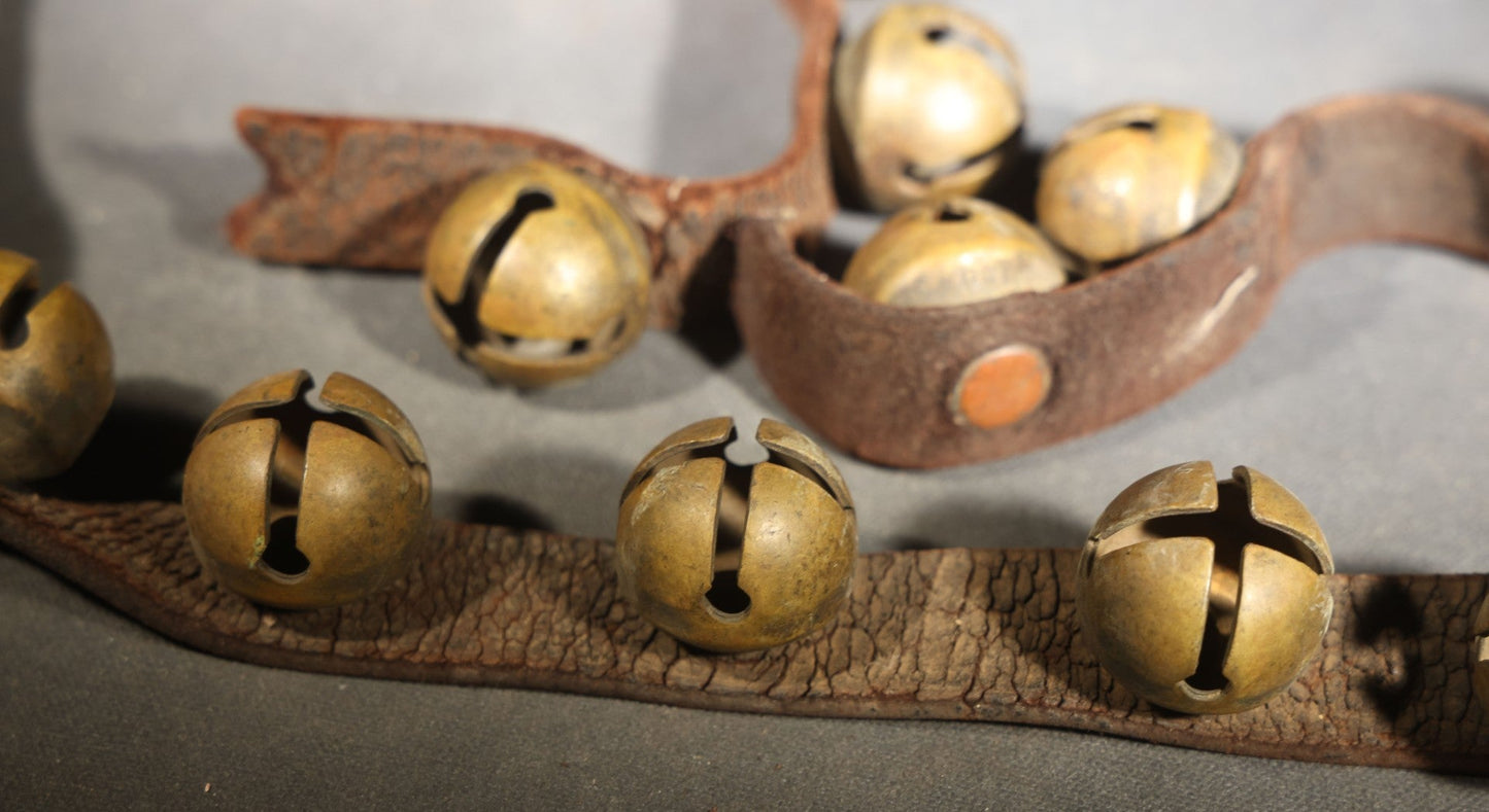 Antique Leather Strap of Brass Sleigh Bells with 1870s Patent Dates