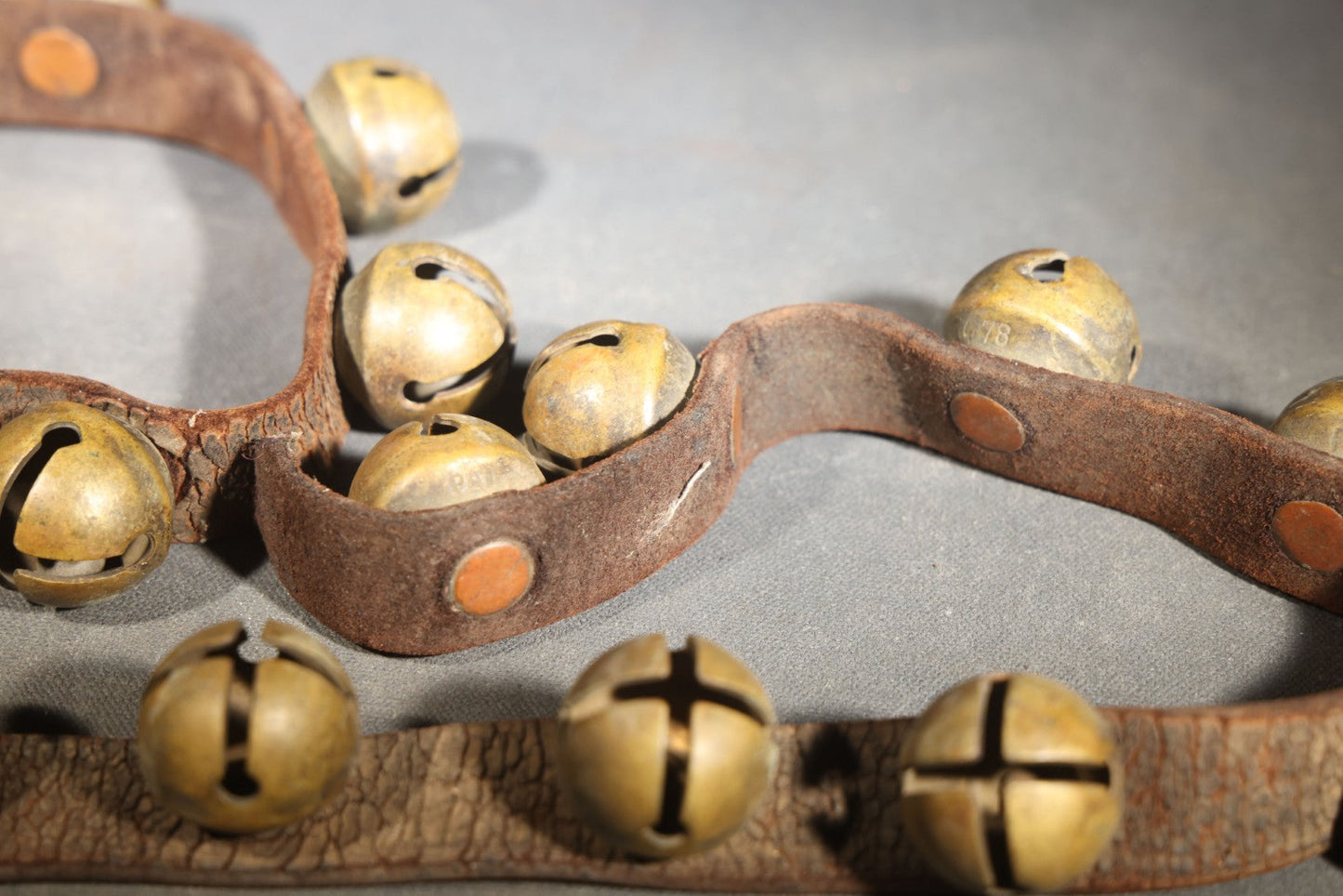 Antique Leather Strap of Brass Sleigh Bells with 1870s Patent Dates