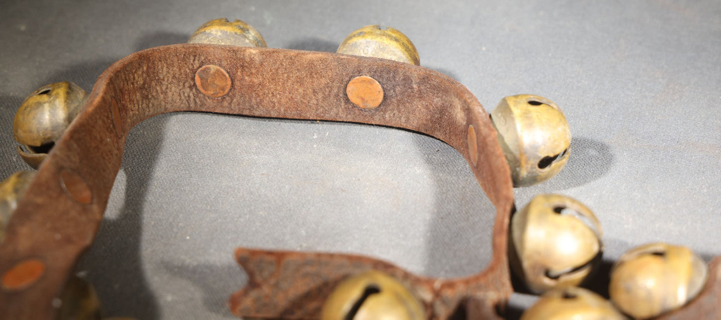 Antique Leather Strap of Brass Sleigh Bells with 1870s Patent Dates