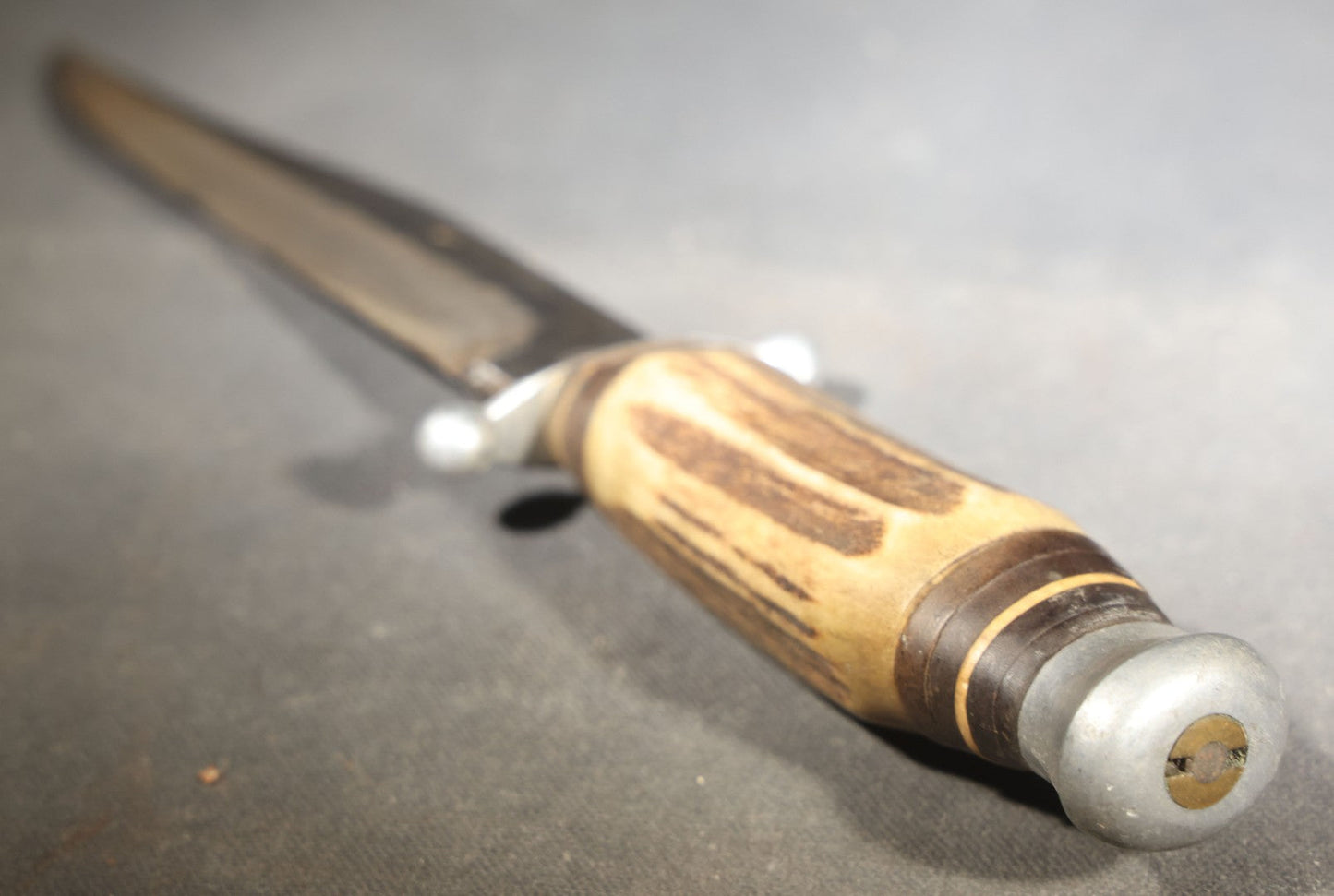 Vintage Fixed-Blade Knife with Wood Handle and Ball-Tip Crossguard, Manufactured by Fan Co., Solingen, Germany, with Fan Maker's Mark, Handle slightly loose