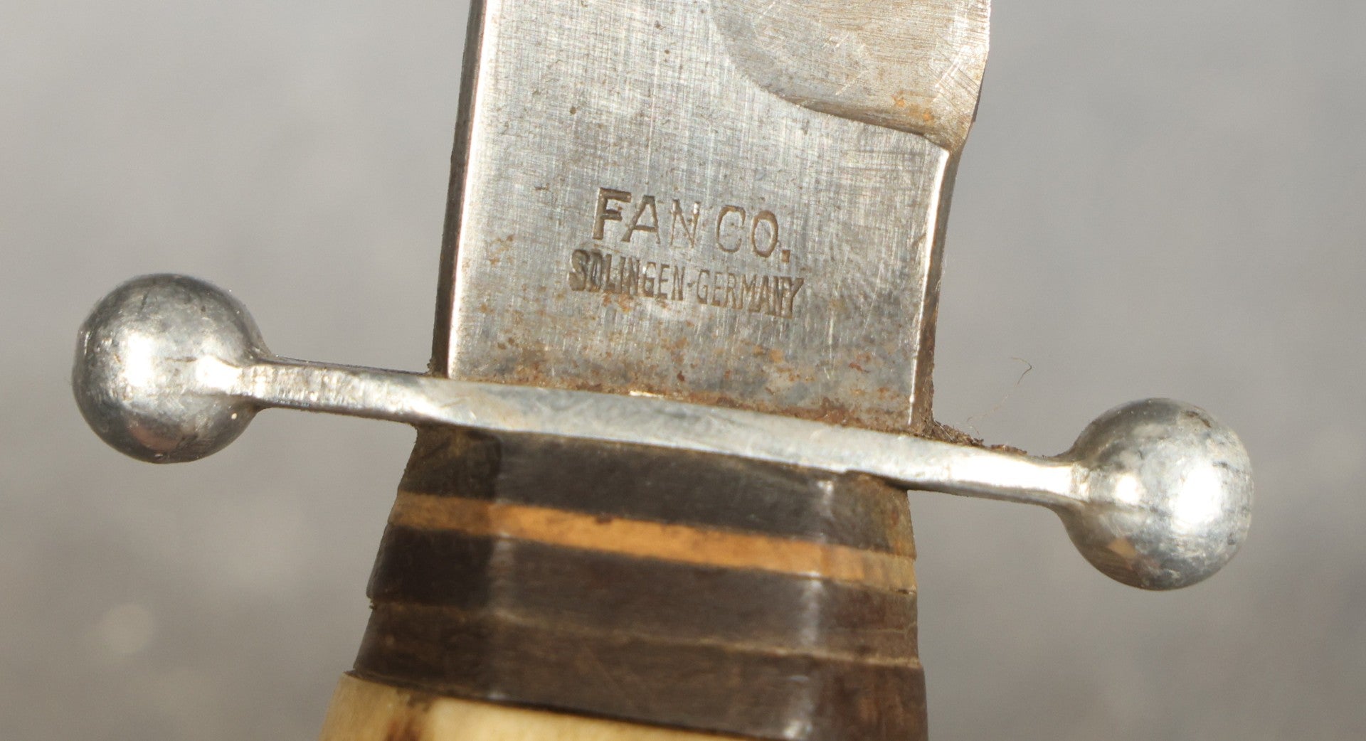 Vintage Fixed-Blade Knife with Wood Handle and Ball-Tip Crossguard, Manufactured by Fan Co., Solingen, Germany, with Fan Maker's Mark, Handle slightly loose
