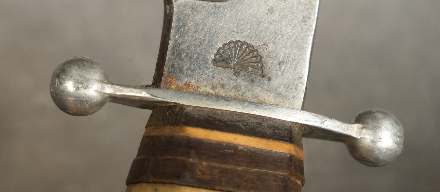 Vintage Fixed-Blade Knife with Wood Handle and Ball-Tip Crossguard, Manufactured by Fan Co., Solingen, Germany, with Fan Maker's Mark, Handle slightly loose